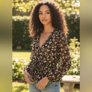 OLIVACEOUS FLORAL SHEER BALOON SLEEVE TOP‎ WOMENS SIZE MEDIUM